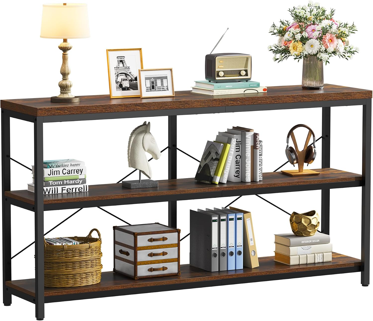 Bookcase Wood Shelf - Трехъярусный промышленный книжный стеллаж, широкий деревянный